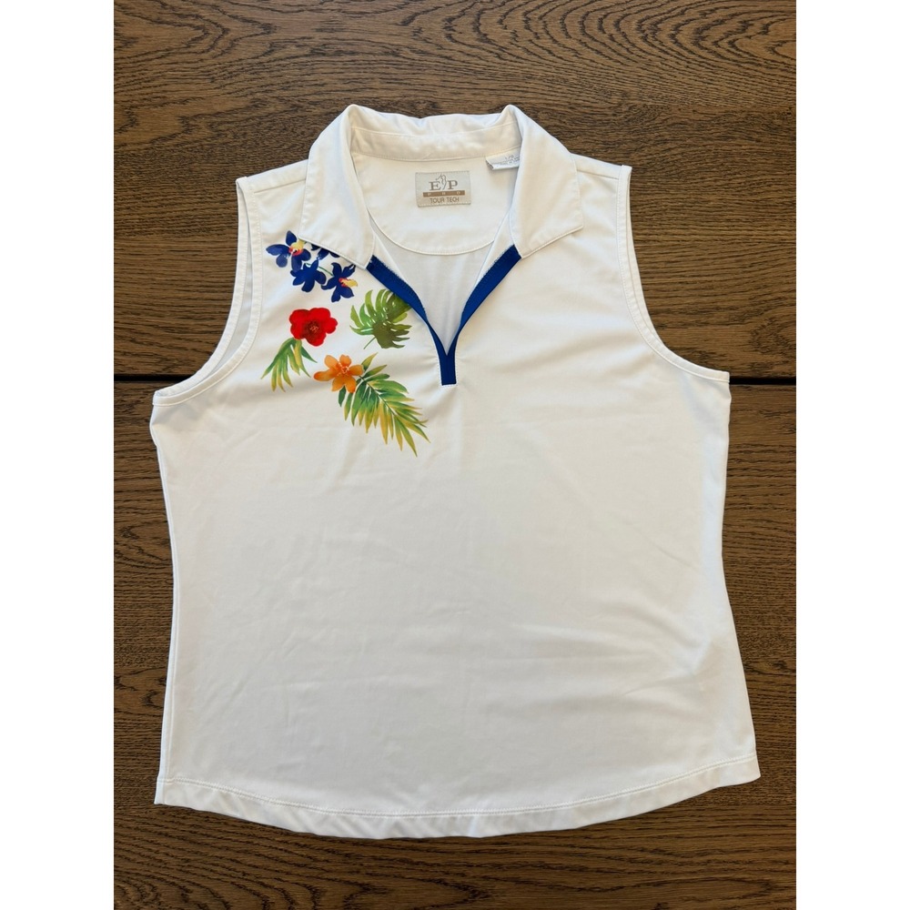 EP Pro Tour Tech Womens White Sleeveless Golf Polo Tropical Floral Shirt Large